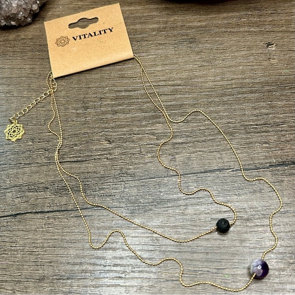 Gold Tone Iron Chain Lava Rock And Amethyst Diffuser Necklace - Picture 1 of 4